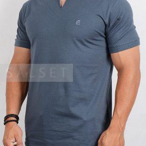 تیشرت مردانه یقه کوبایی طوسی‌تیره 2771